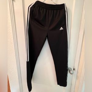 YXL black with white stripe adidas track pants
